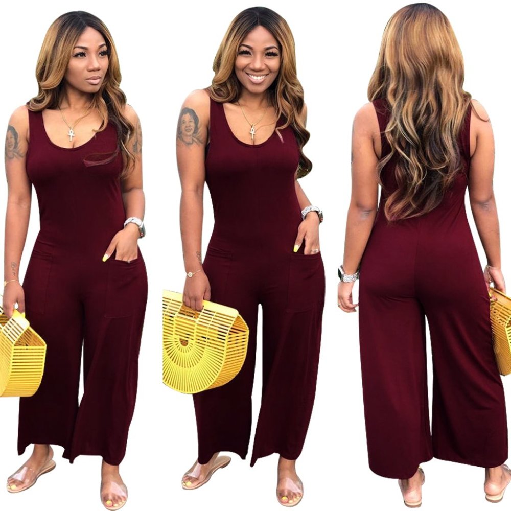 Maroon Sleeveless O-Neck Wide Leg Jumpsuit Pockets